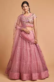exotic pink soft net sequins embroidered wedding lehenga set choli with dupatta with dupatta