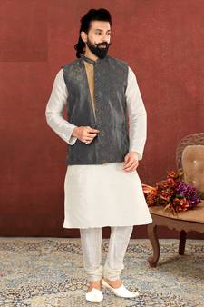 Men Blue Jacquard Silk Nehru Jacket with Plain White Dupion Silk Kurta Churidar