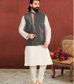 Men Blue Jacquard Silk Nehru Jacket with Plain White Dupion Silk Kurta Churidar