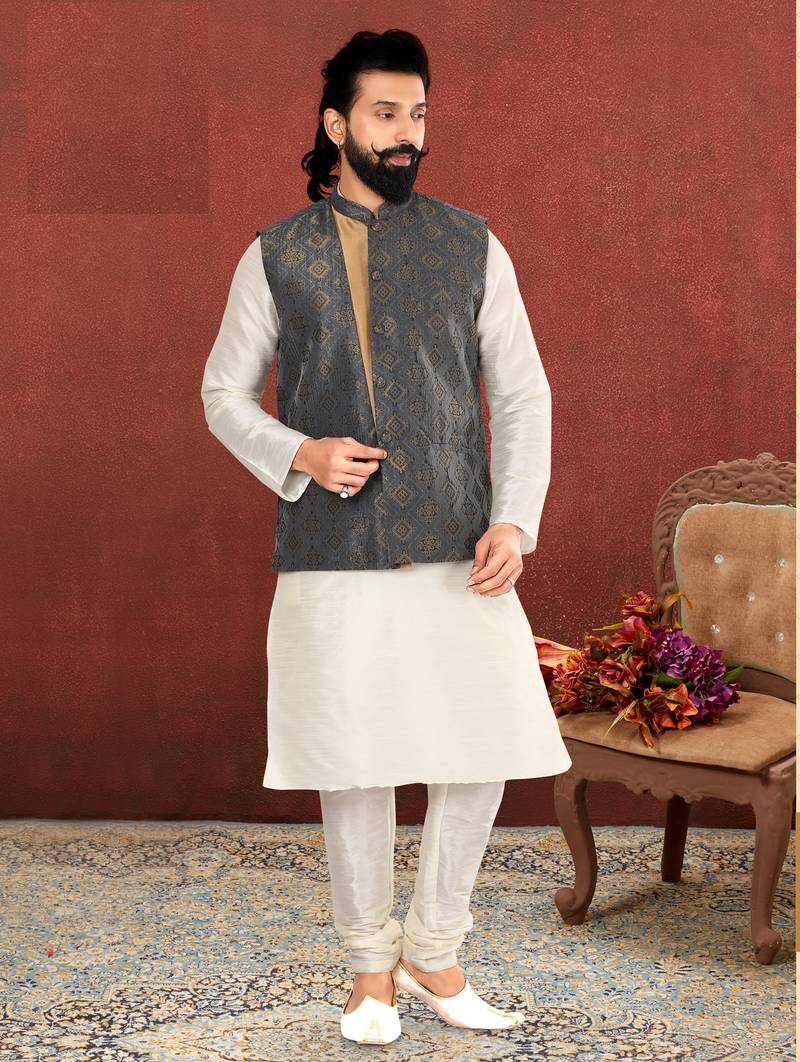 Men Blue Jacquard Silk Nehru Jacket with Plain White Dupion Silk Kurta Churidar