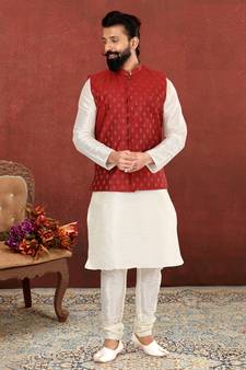 Men Red Cotton Nehru Jacket with Plain White Dupion Silk Kurta Churidar