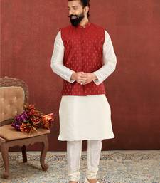 Men Red Cotton Nehru Jacket with Plain White Dupion Silk Kurta Churidar
