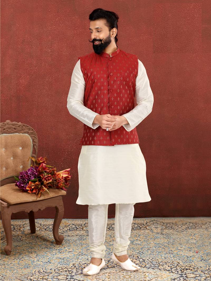 Men Red Cotton Nehru Jacket with Plain White Dupion Silk Kurta Churidar