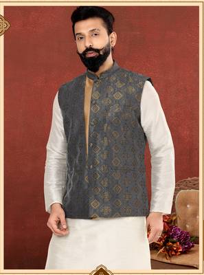 Men Blue Jacquard Silk Nehru Jacket with Plain White Dupion Silk Kurta Churidar 7