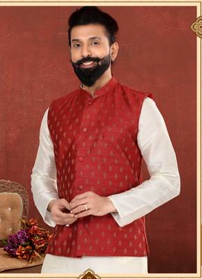Men Red Cotton Nehru Jacket with Plain White Dupion Silk Kurta Churidar 7