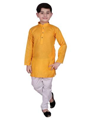 Yellow Self Design Cotton Boys Kurta Pajama Set 1