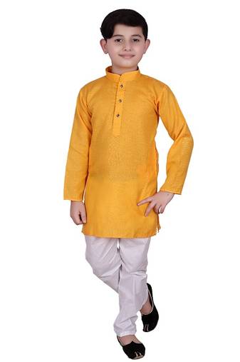 Yellow Self Design Cotton Boys Kurta Pajama Set