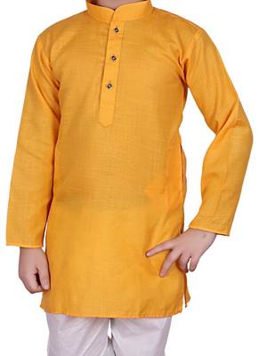 Yellow Self Design Cotton Boys Kurta Pajama Set 2