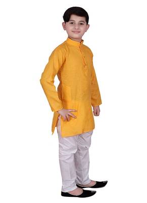Yellow Self Design Cotton Boys Kurta Pajama Set 3