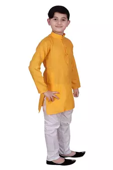 Yellow Self Design Cotton Boys Kurta Pajama Set