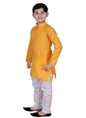 Yellow Self Design Cotton Boys Kurta Pajama Set 4