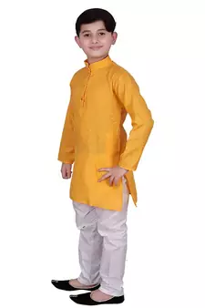 Yellow Self Design Cotton Boys Kurta Pajama Set