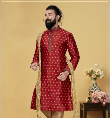 Men Red Dupion Silk Woven Zari Buta Designer Kurta 6