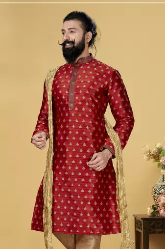 Men Red Dupion Silk Woven Zari Buta Designer Kurta