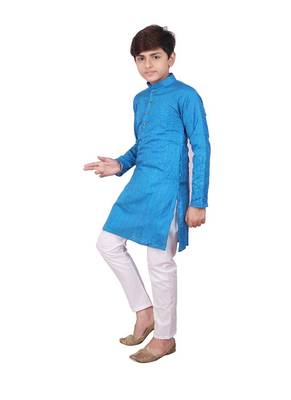 Firozi Jacquard Cotton Kurta Pyjama Set For Boys 4