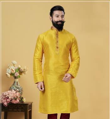Men Yellow Dupion Silk Woven Zari Buta Designer Kurta 1