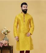 Men Yellow Dupion Silk Woven Zari Buta Designer Kurta