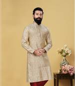 Men Jacquard Silk Woven white Embellished Kurta