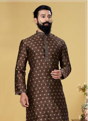 Men Brown Dupion Silk Woven Zari Buta Designer Kurta 1