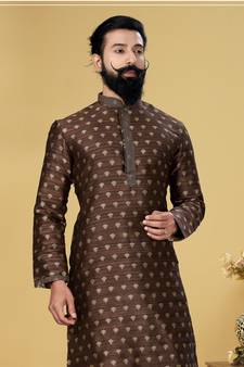 Men Brown Dupion Silk Woven Zari Buta Designer Kurta