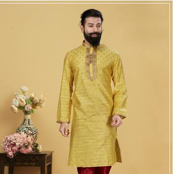 Men Yellow Dupion Silk Woven Zari Buta Designer Kurta 1