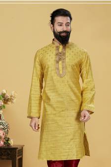 Men Yellow Dupion Silk Woven Zari Buta Designer Kurta