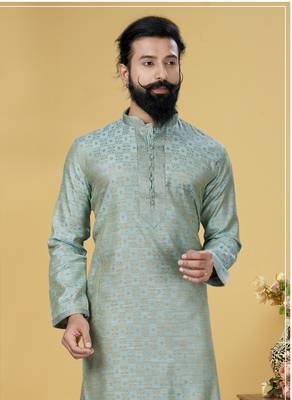 Men Jacquard Silk Woven Sky Blue Embellished Kurta 1