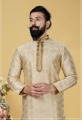 Men Jacquard Silk Woven white Embellished Kurta 1