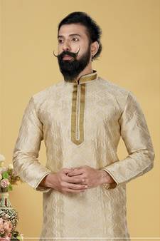 Men Jacquard Silk Woven white Embellished Kurta