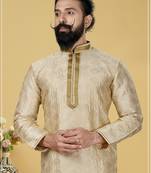Men Jacquard Silk Woven white Embellished Kurta