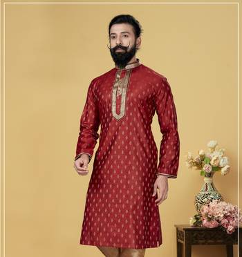 Men Red Dupion Silk Woven Zari Buta Designer Kurta 1