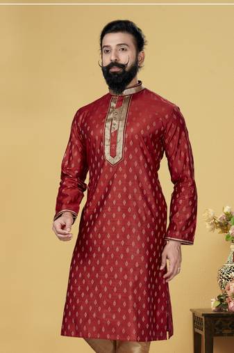 Men Red Dupion Silk Woven Zari Buta Designer Kurta