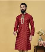 Men Red Dupion Silk Woven Zari Buta Designer Kurta