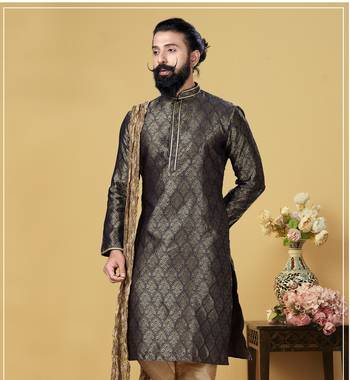 Men Jacquard Silk Woven Navy Blue Embellished Kurta 1
