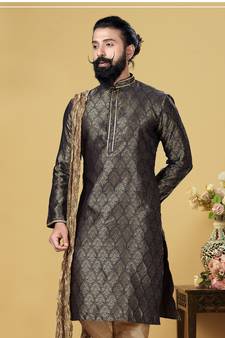 Men Jacquard Silk Woven Navy Blue Embellished Kurta