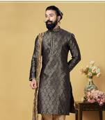 Men Jacquard Silk Woven Navy Blue Embellished Kurta