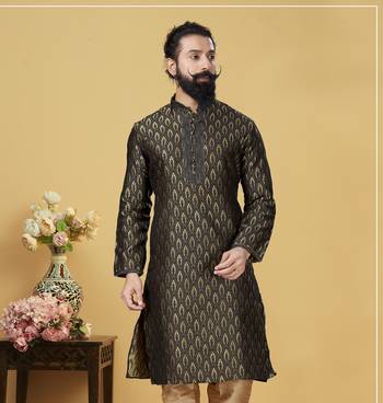 Men Jacquard Silk Woven Black Embellished Kurta 1