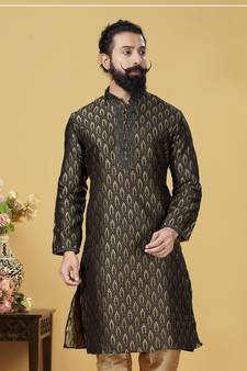 Men Jacquard Silk Woven Black Embellished Kurta