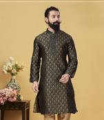 Men Jacquard Silk Woven Black Embellished Kurta