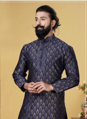 Men Jacquard Silk Woven Navy Blue Embellished Kurta 6