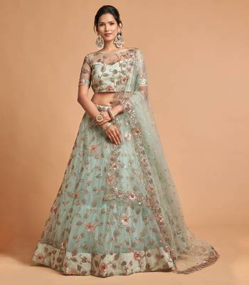 Exotic Sea Green Net Sequins Embroidered Wedding Designer Lehenga Choli with Dupatta 1