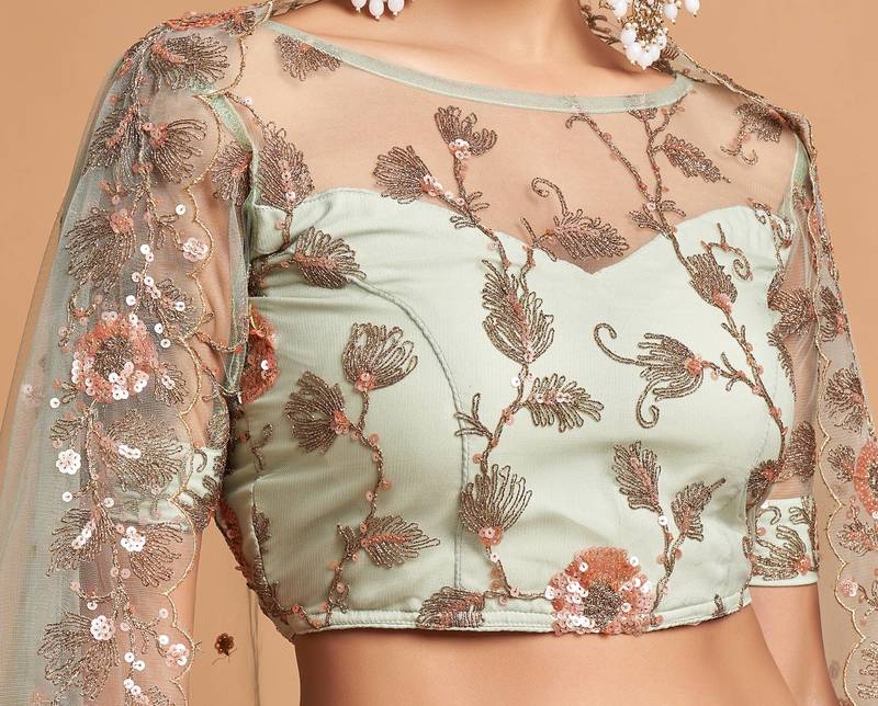 Exotic Sea Green Net Sequins Embroidered Wedding Designer Lehenga Choli with Dupatta