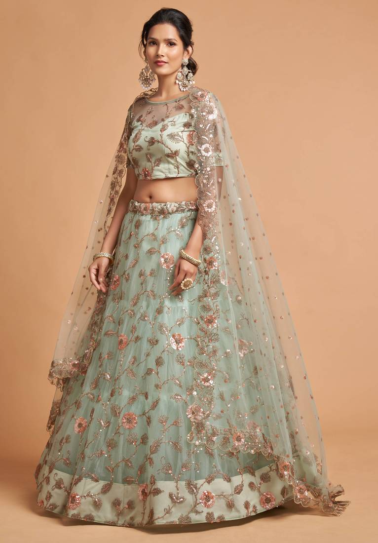 Exotic Sea Green Net Sequins Embroidered Wedding Designer Lehenga Choli with Dupatta