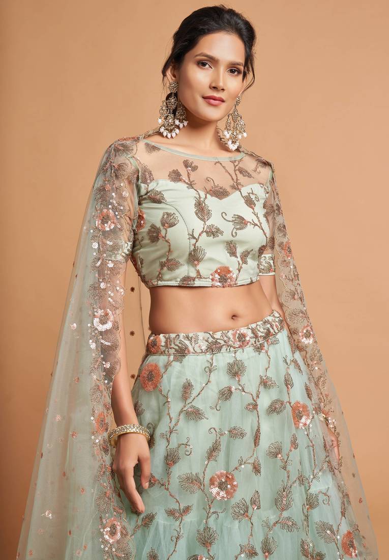 Exotic Sea Green Net Sequins Embroidered Wedding Designer Lehenga Choli with Dupatta