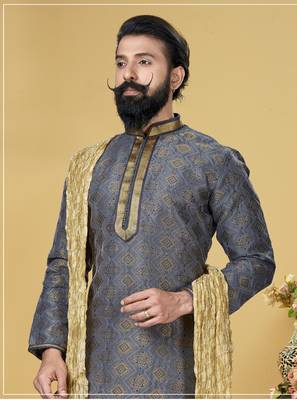 Men Jacquard Silk Woven Blue Embellished Kurta 1