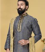 Men Jacquard Silk Woven Blue Embellished Kurta