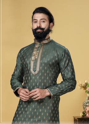 Men Green Dupion Silk Woven Zari Buta Designer Kurta 1