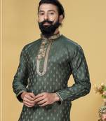 Men Green Dupion Silk Woven Zari Buta Designer Kurta
