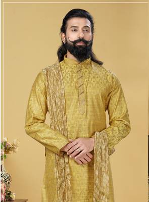 Men Jacquard Silk Woven Yellow Embellished Kurta 1
