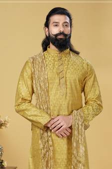 Men Jacquard Silk Woven Yellow Embellished Kurta